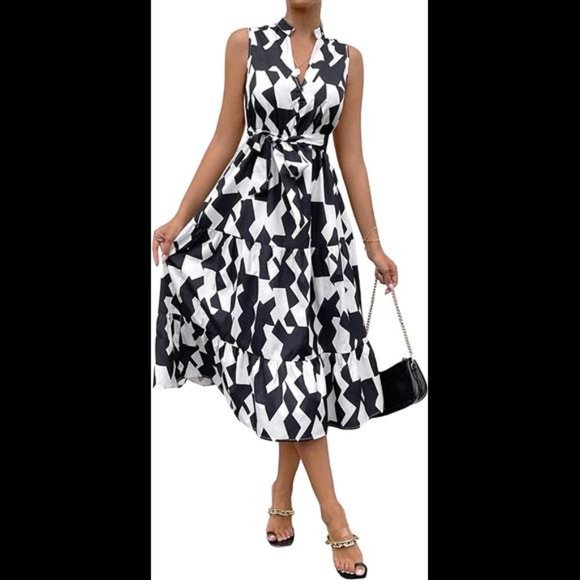 Women's V Neck Sleeveless High Rise A-Line Dress - Picture 8 of 14